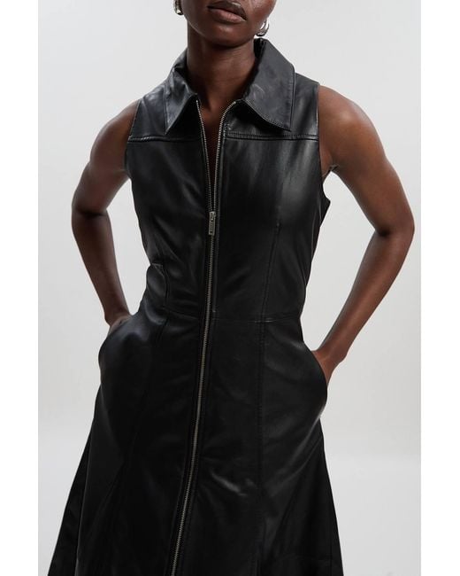 Karen Millen Black Leather Zip Through Full Midi Dress