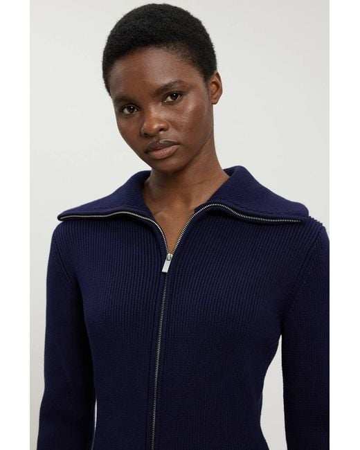 Karen Millen Blue Cotton Zip Through Collar Knitted Midi Dress