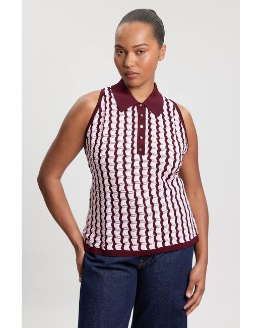 Karen Millen Red Plus Size Knit Contrast Collar Pointelle Sleeveless Midi Top