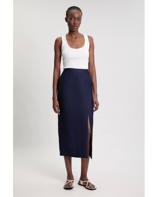 Karen Millen Blue Petite Tailored Satin Midi Pencil Skirt