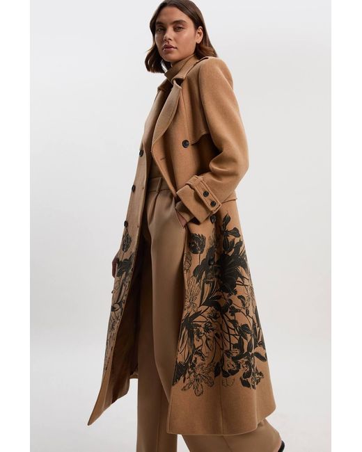 Karen Millen Brown Wool Placement Print Tailored Double Breasted Belted Midi Coat
