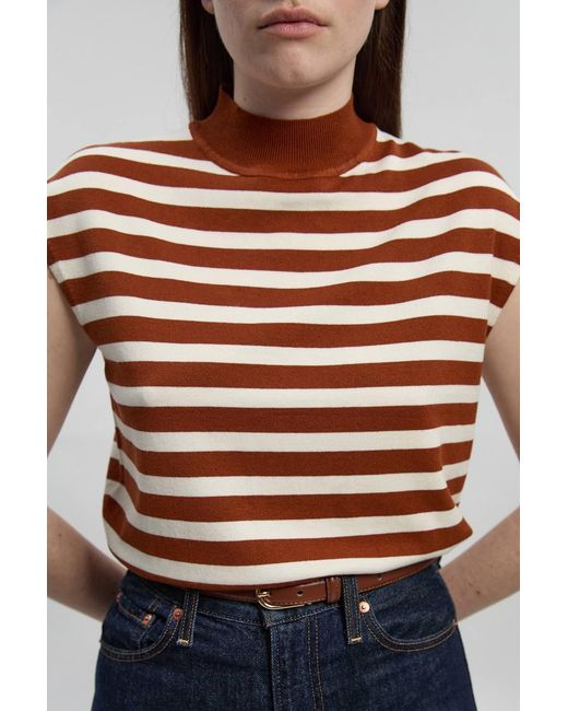 Karen Millen Brown Viscose Blend High Neck Stripe Knitted Tank Top
