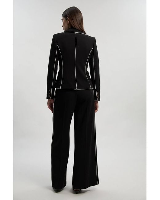 Karen Millen Black Compact Stretch Contrast Tipped Wide Leg Tailored Trouser