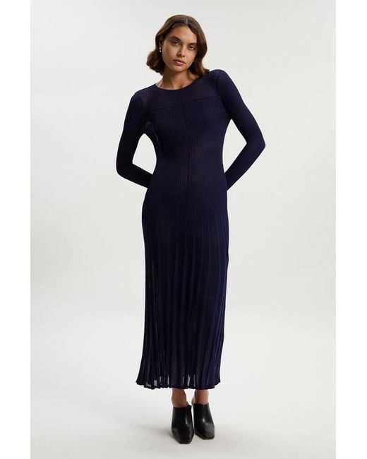 Karen Millen Blue Drapey Sheer Rib Knitted Midi Dress