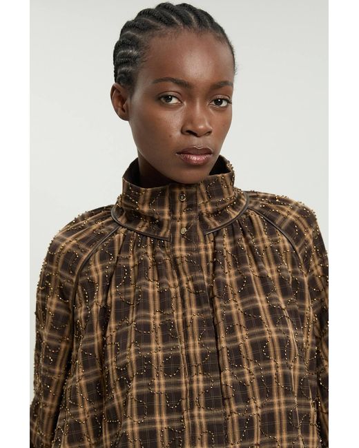 Karen Millen Brown Beaded Check Print Bubble Hem High Neck Jacket