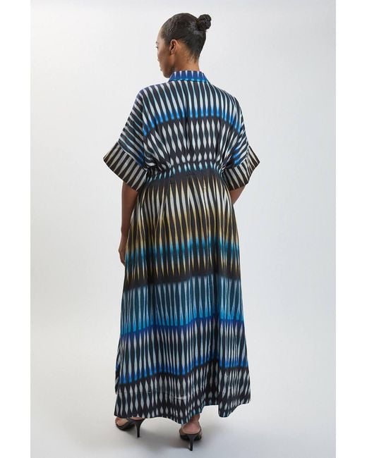 Karen Millen Blue Plus Size Stripe Collared Woven Midi Dress
