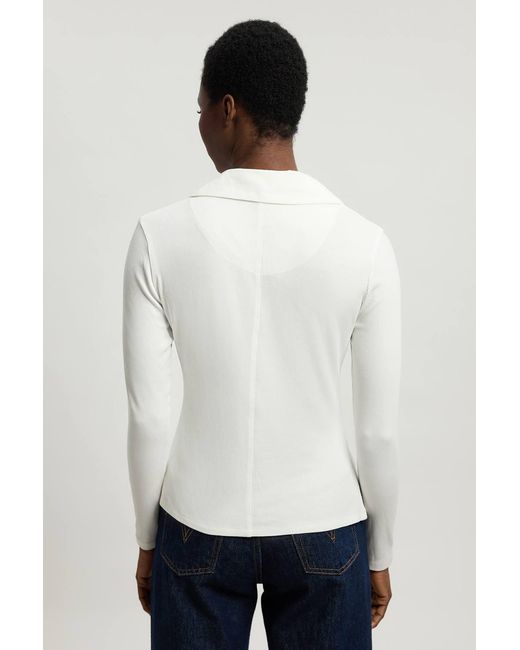 Karen Millen White Viscose Rib Jersey Long Sleeve Collared Button Top