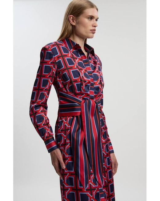 Karen Millen Geo Print Hammered Satin Tie Waist Woven Midi Dress