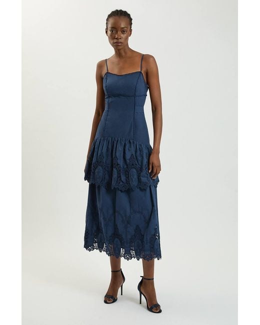 Karen Millen Blue Cotton Cutwork Strappy Woven Midi Dress