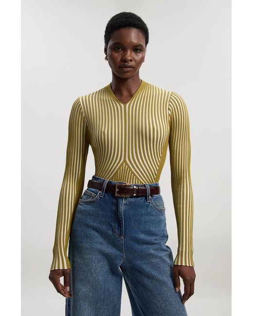 Karen Millen Green Stripe Fitted Long Sleeve Knitted Top