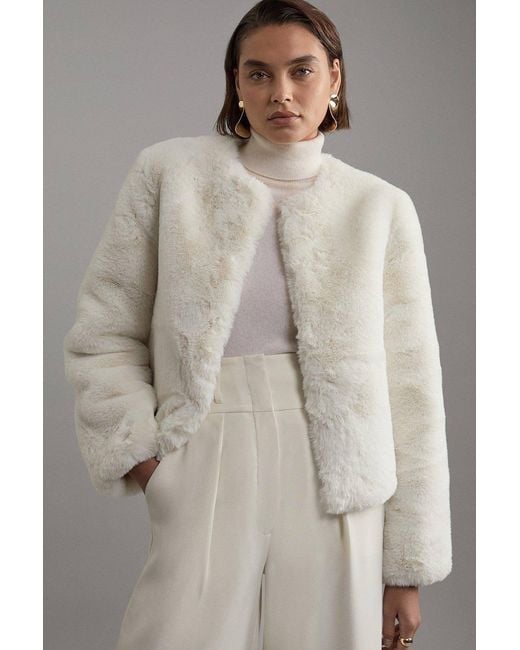Karen Millen White Collarless Faux Fur Jacket