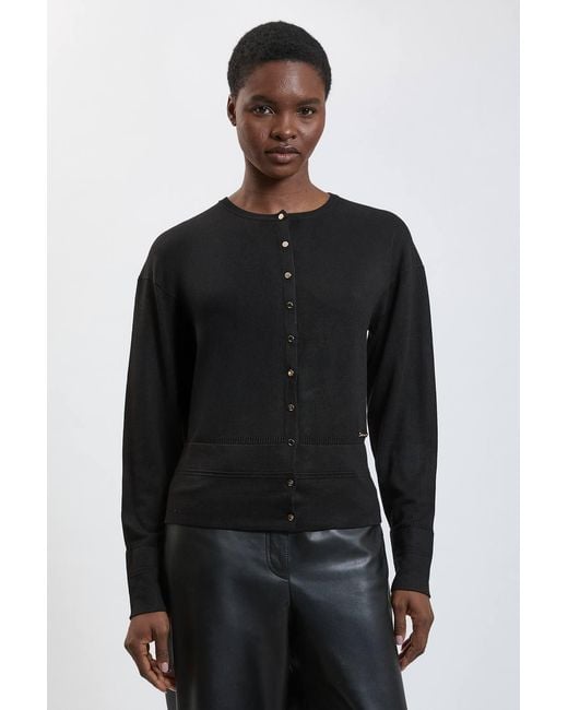 Karen Millen Black Forever Viscose Blend Knitted Stitch Detail Balloon Sleeve Cardigan Sweater