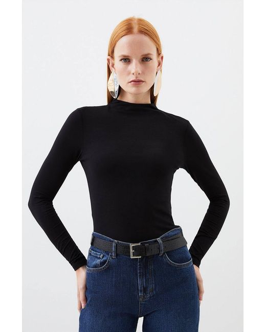 Karen Millen Blue Stretch Cotton Funnel Neck Top