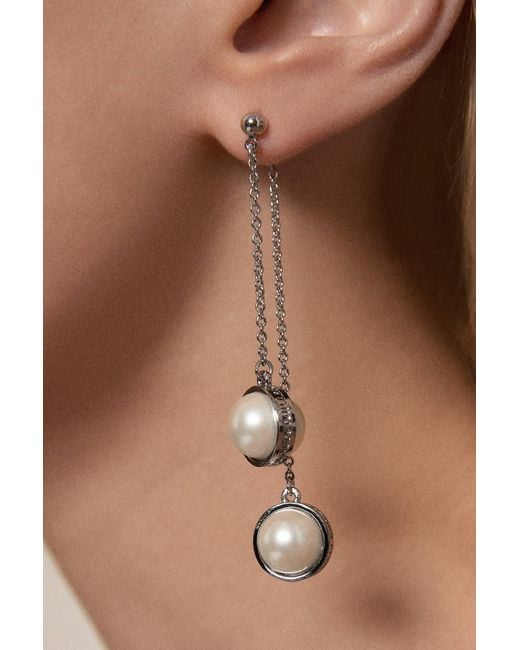 Karen Millen Brown Tone Logo Pearl Double Drop Earrings