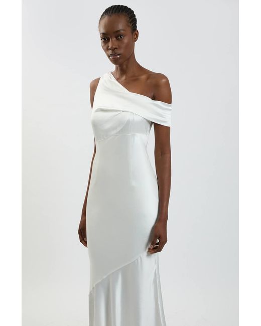 Karen Millen White Viscose Satin Asymmetric Shoulder Maxi Dress