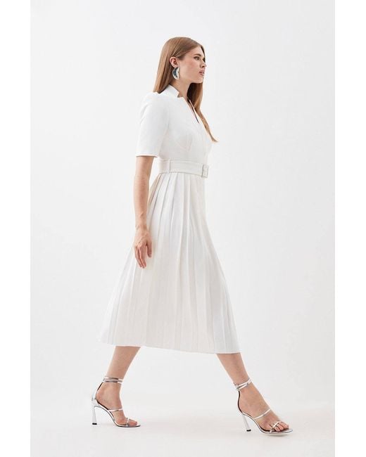 Karen Millen White Forever Tailored Structured Crepe Forever Pleat Belted Midi Dress