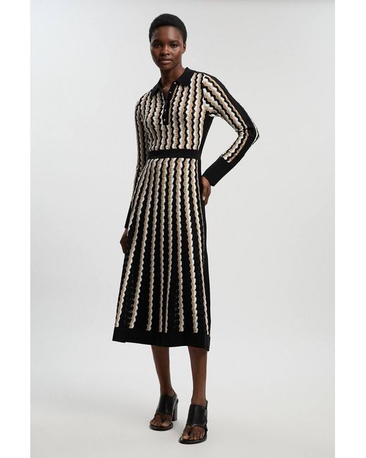 Karen Millen Natural Knit Pointelle Contrast Collared Midi Dress