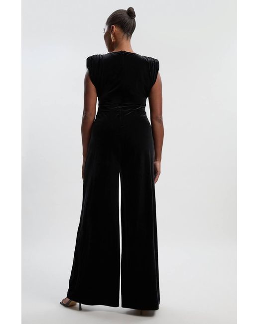 Karen Millen Black Plus Size Stretch Velvet Strong Shoulder Jumpsuit
