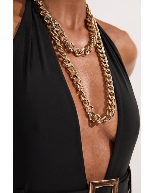 Karen Millen Black Hardware Detail Belted Plunge Swimsuit