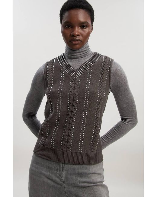 Karen Millen Gray Embellished Hotfix V Neck Knit Tank Top