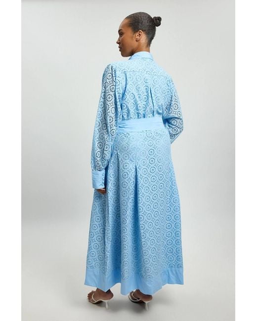 Karen Millen Blue Plus Size Cotton Broderie Belted Shirt Dress