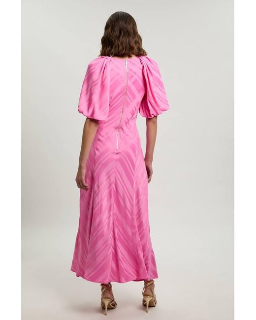 Karen Millen Pink Stripe Fabric Detail Fluid Short Sleeve Midi Dress