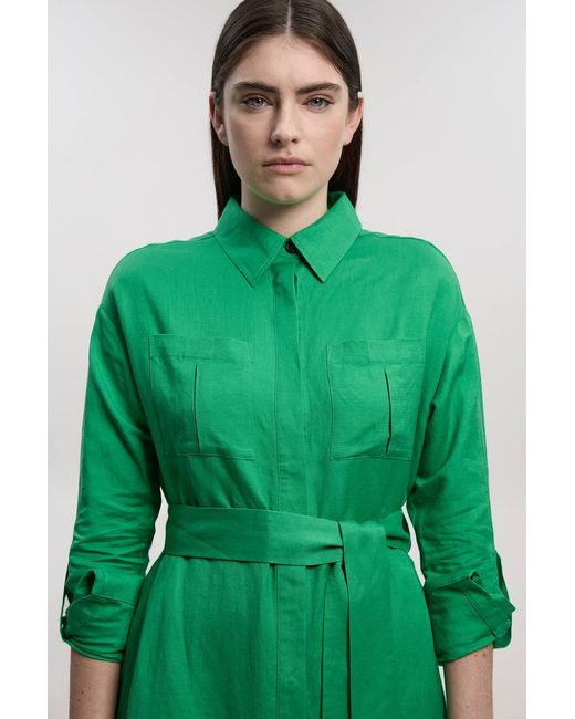 Karen Millen Green Viscose Linen Woven Belted Shirt Dress