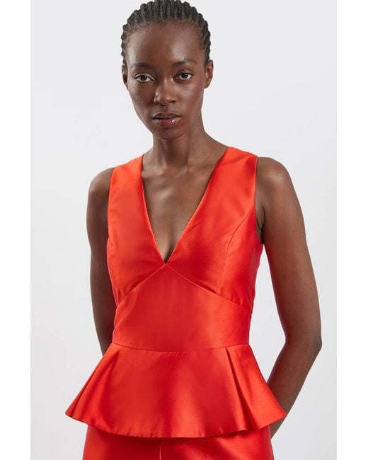 Karen Millen Red Satin Twill Peplum Wide Leg Jumpsuit