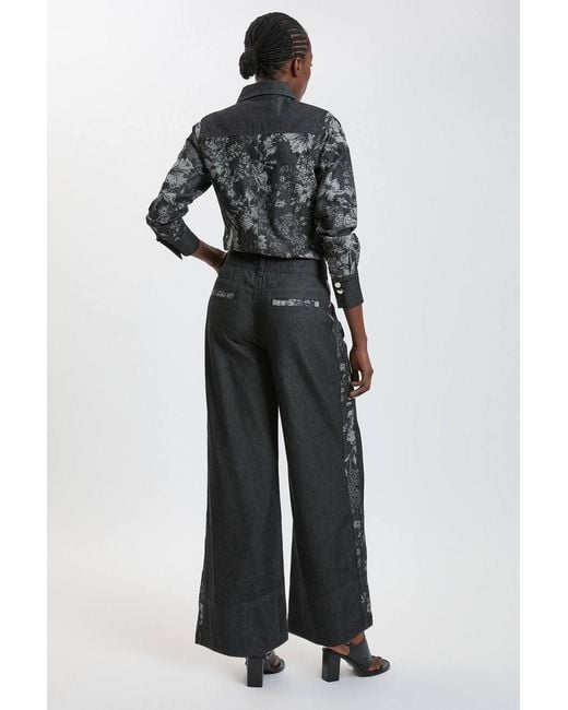 Karen Millen Blue Denim & Jacquard Contrast Wide Leg Jeans