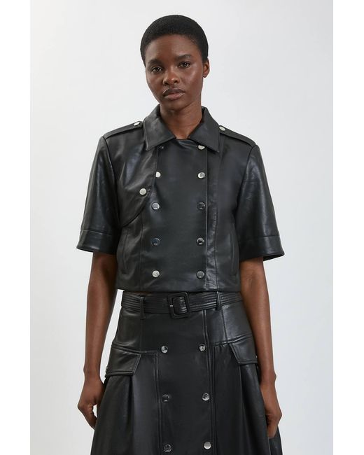 Karen Millen Black Faux Leather Cropped Trench Jacket