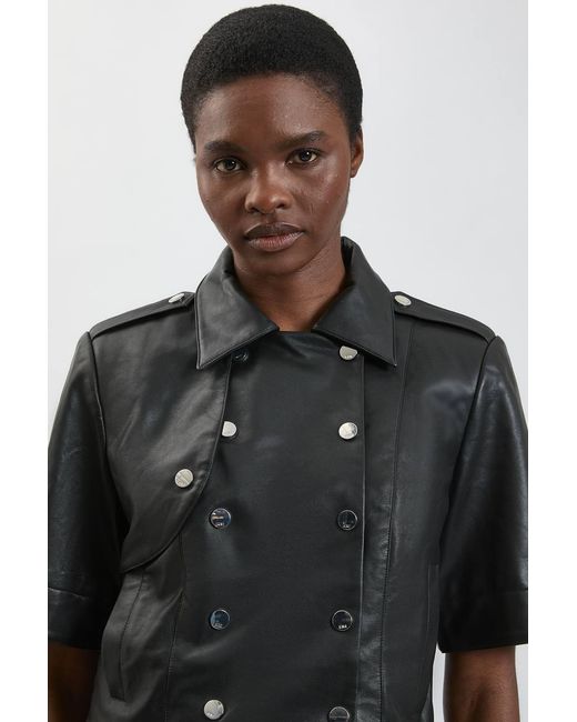 Karen Millen Black Faux Leather Cropped Trench Jacket