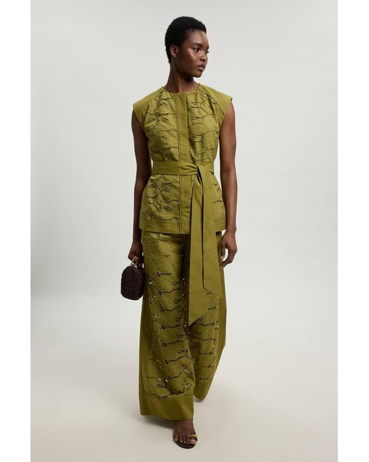 Karen Millen Green Cutwork Cotton Tie Detail Woven Top