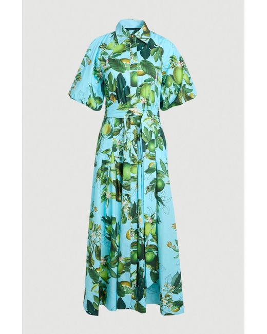 Karen Millen Green Lime Print Cotton Puff Sleeve Woven Midi Shirt Dress With Dropped Waist Detail