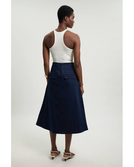 Karen Millen Blue Cotton Tailored Button Detail Midi Skirt