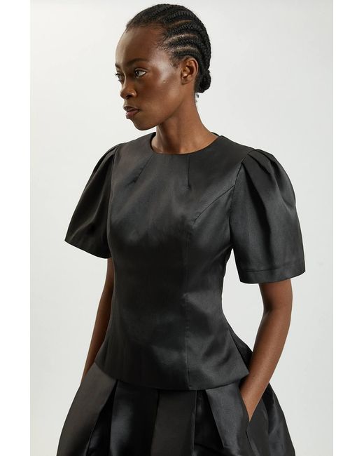 Karen Millen Black Satin Twill Puff Sleeve Top
