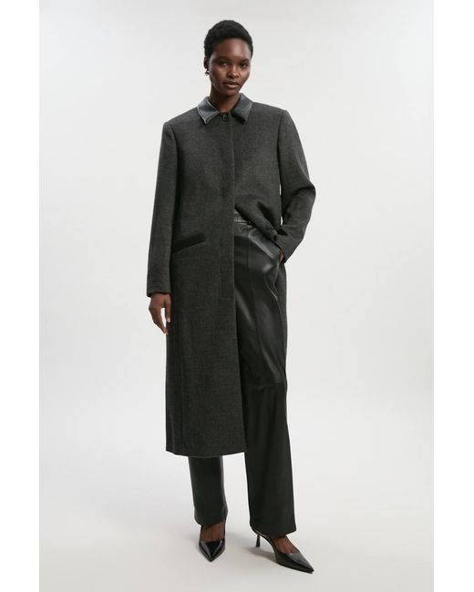 Karen Millen Black Brushed Wool Check Pu Mix Tailored Midi Coat