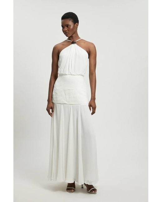 Karen Millen White Viscose Georgette Drop Hem Woven Halter Neck Maxi Dress