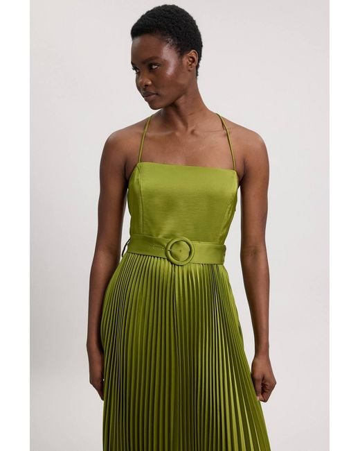 Karen Millen Green Satin Pleated Woven Midi Dress