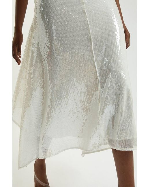 Karen Millen White Sequin Halter Neck Hanky Hem Maxi Dress