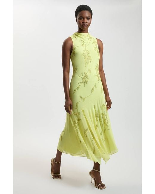 Karen Millen Green Beaded Cowl Detail Maxi Dress