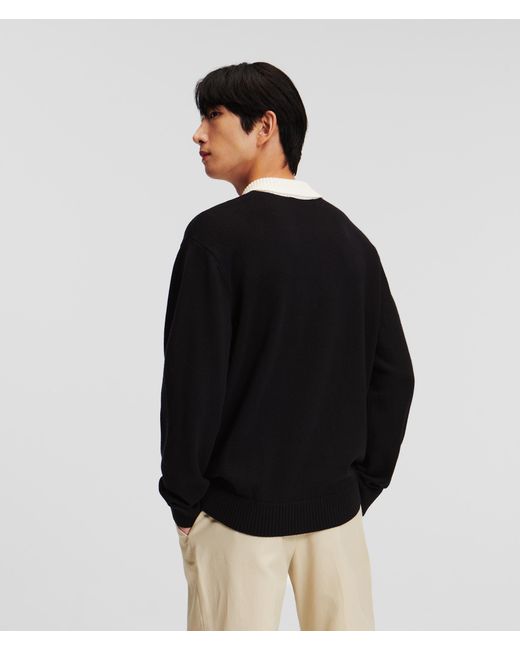 Karl Lagerfeld Black Knitted Long-sleeved Polo Shirt for men