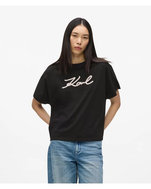 Karl Lagerfeld Black Signature T-Shirt Mit Seilapplikation, Damen, Größe