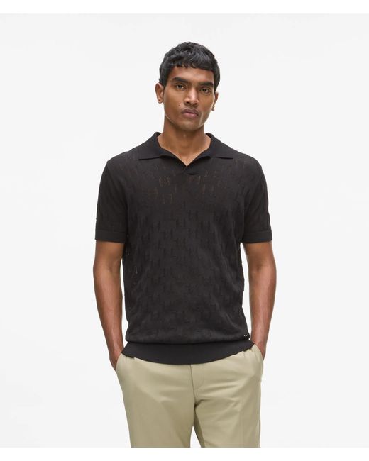 Karl Lagerfeld Black Monogram Knit Polo Shirt for men
