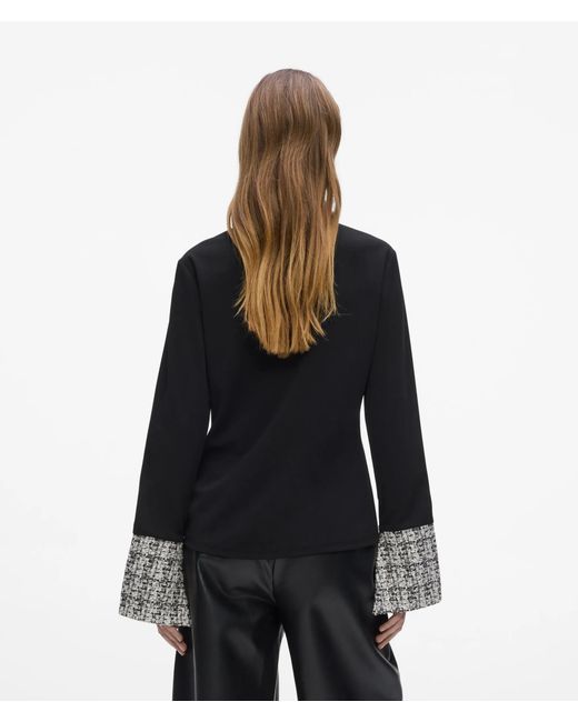 Karl Lagerfeld Black Long-Sleeved Bouclé Detail Polo Shirt