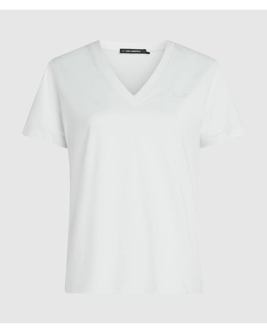 Karl Lagerfeld White Signature T-Shirt Mit V-Ausschnitt, Damen, Größe