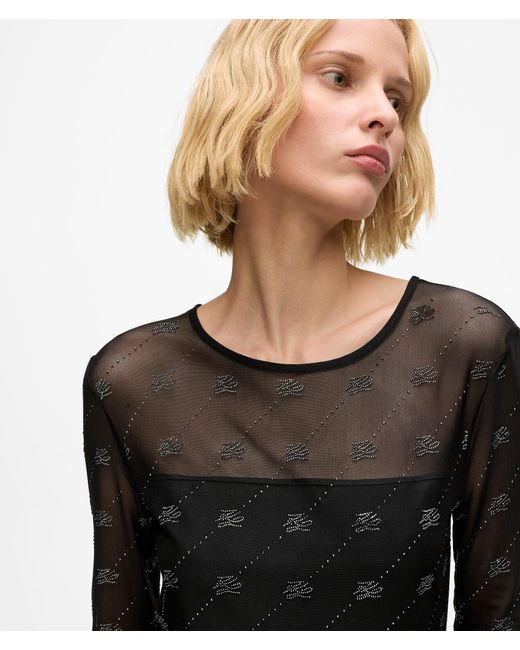 Karl Lagerfeld Black Rhinestone Autograph Mesh Top
