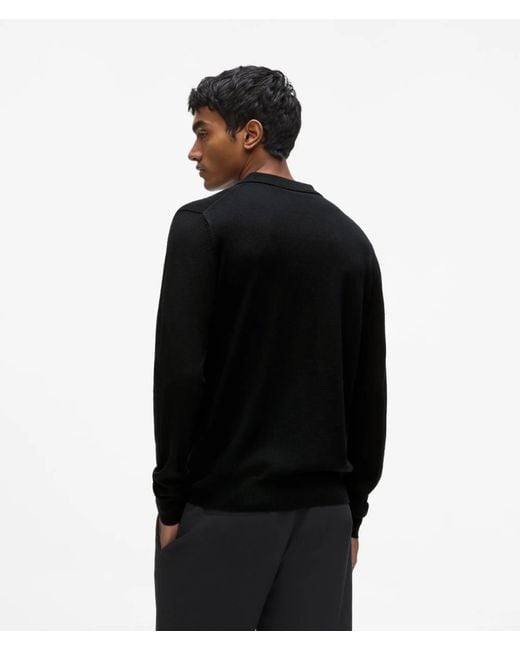 Karl Lagerfeld Black Merino Wool Long-Sleeved Polo Shirt for men
