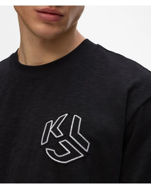 KL Jeans Black Distressed Monogram Boxy T-Shirt for men