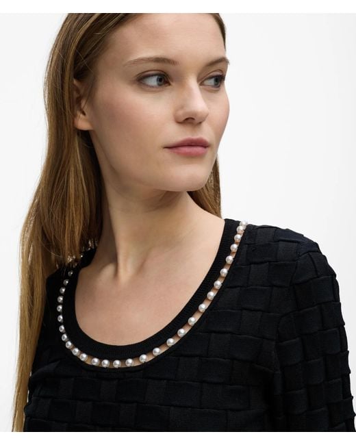 Karl Lagerfeld Black Faux-Pearl Neck Knit Top