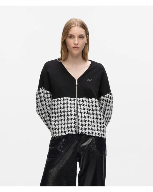 Karl Lagerfeld Black Houndstooth Panel Zip-Up Sweatshirt